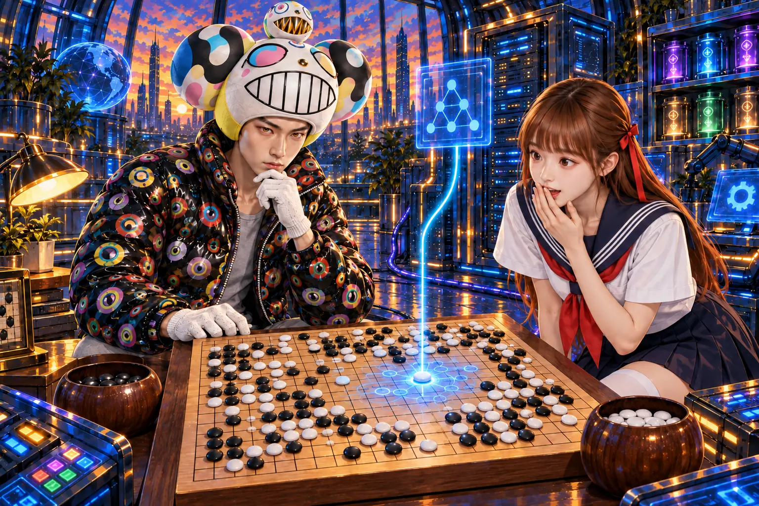 AI 生成插畫：圍棋盤上一顆白子落在意想不到的位置並發著光，史旺姬驚訝地摀著嘴；戴白色笑臉大帽的老師在棋盤對面托著下巴沉思