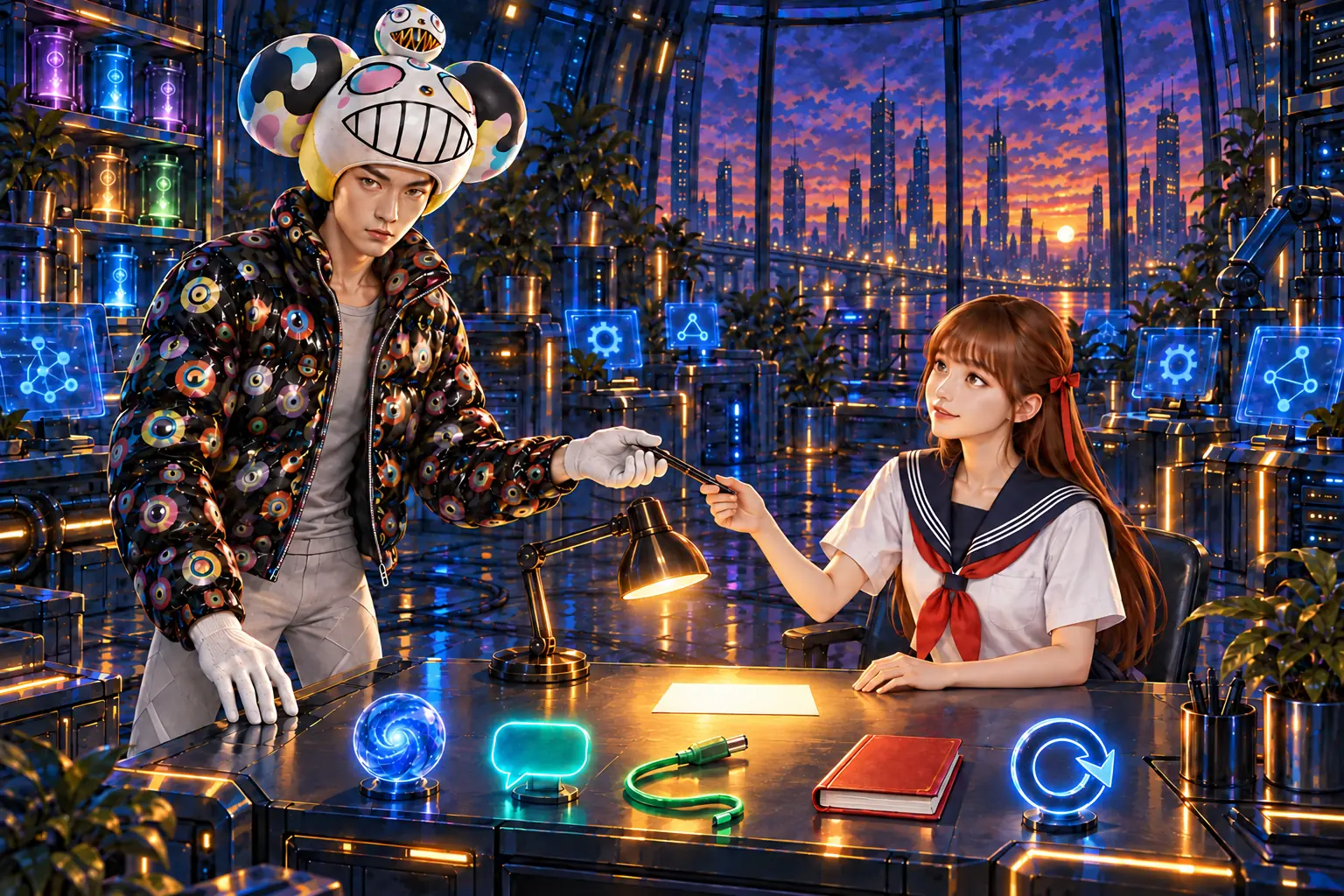 AI 生成插畫：檯燈照著桌上一張空白卡片，戴白色笑臉大帽的老師把筆遞給坐著的史旺姬；桌上擺著藍色光球、青色對話框、綠色連接線、紅色手冊和深藍色循環箭頭