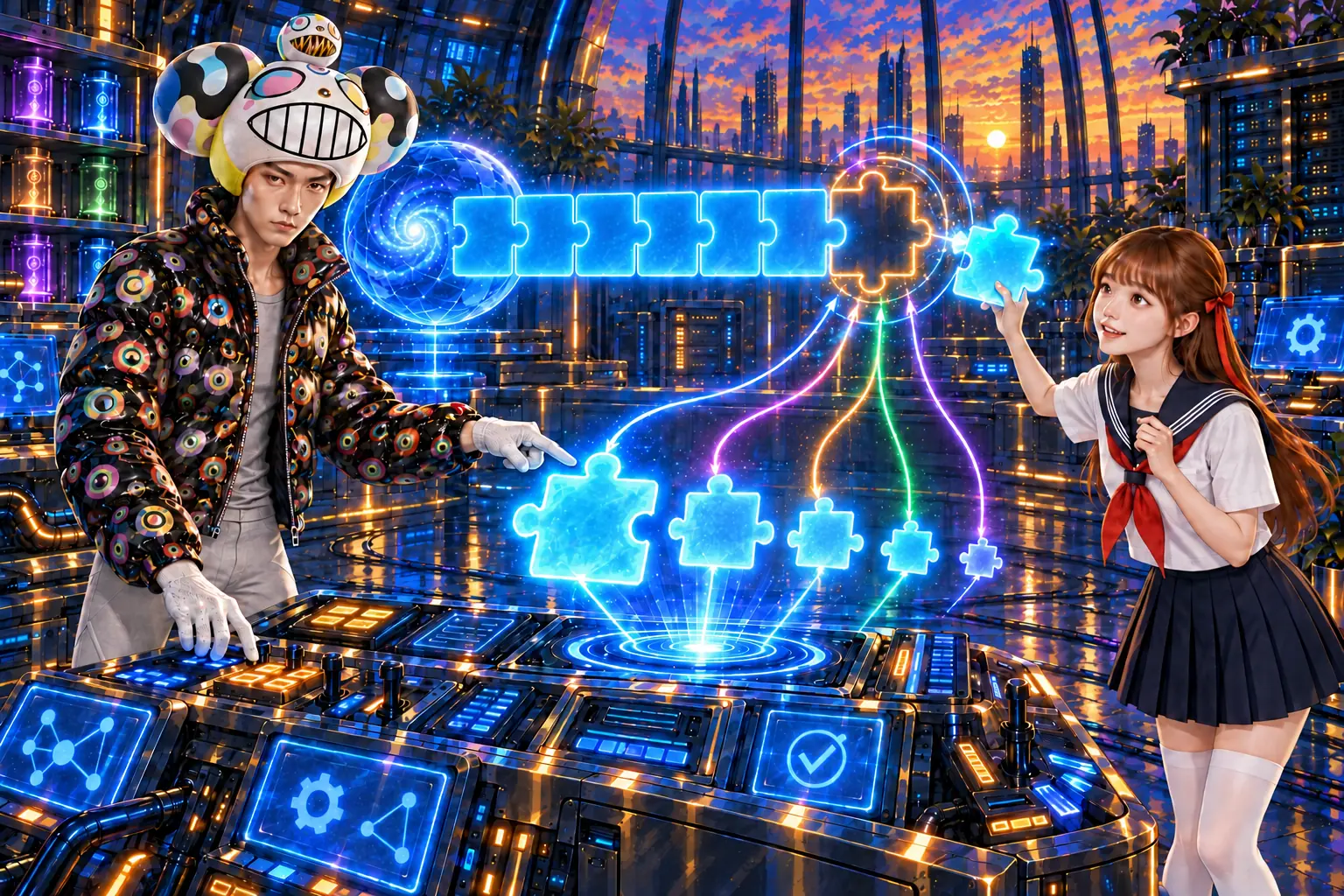 AI 生成插畫：一排發光拼圖塊從藍色光球接出來，最後一格還空著；下方候選拼圖大小不一，戴白色笑臉大帽的老師指著最大的那塊，史旺姬拿著一塊正要放進空格