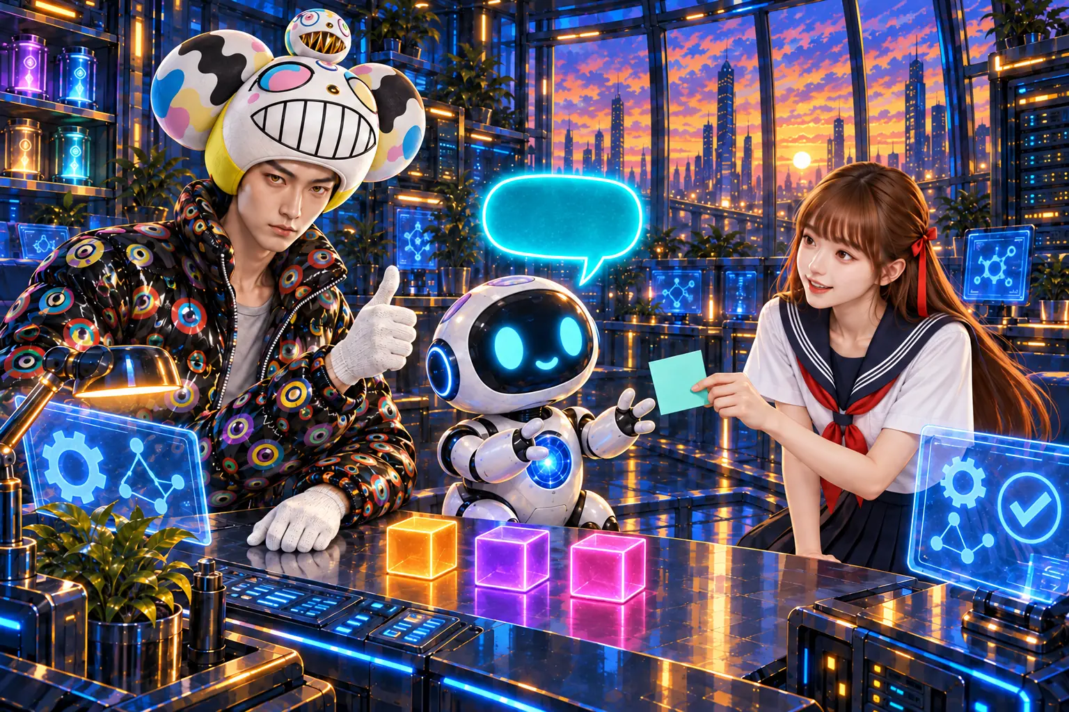 AI 生成插畫：史旺姬把一張青色便條交給胸口有藍色光球的小機器人，桌上擺著三塊不同顏色的積木；戴白色笑臉大帽的老師在旁邊比讚