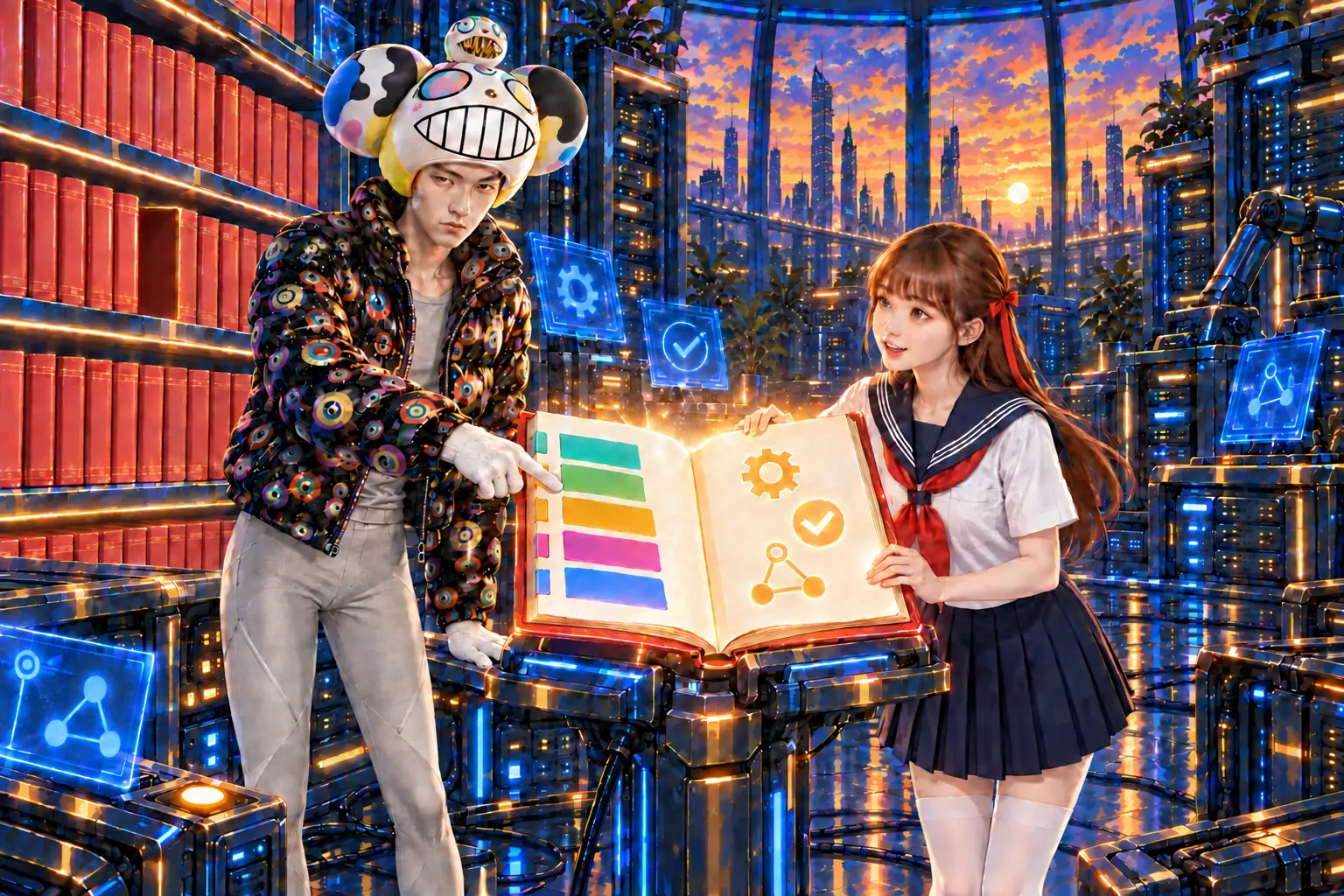 AI 生成插畫：一整排紅色手冊的書架上空出一格，被抽出的那本在閱讀台上翻開發光；史旺姬扶著書頁，戴白色笑臉大帽的老師指著彩色標籤的目錄頁