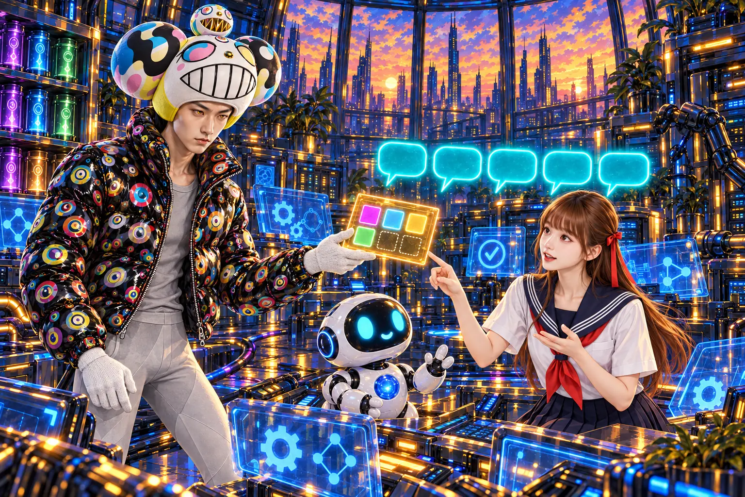 AI 生成插畫：科技大廳裡，史旺姬舉著手，第五次對胸口有藍色光球的小機器人講同一段話，身後飄著五個一模一樣的青色對話框；戴白色笑臉大帽的老師遞給她一張金邊的範本卡