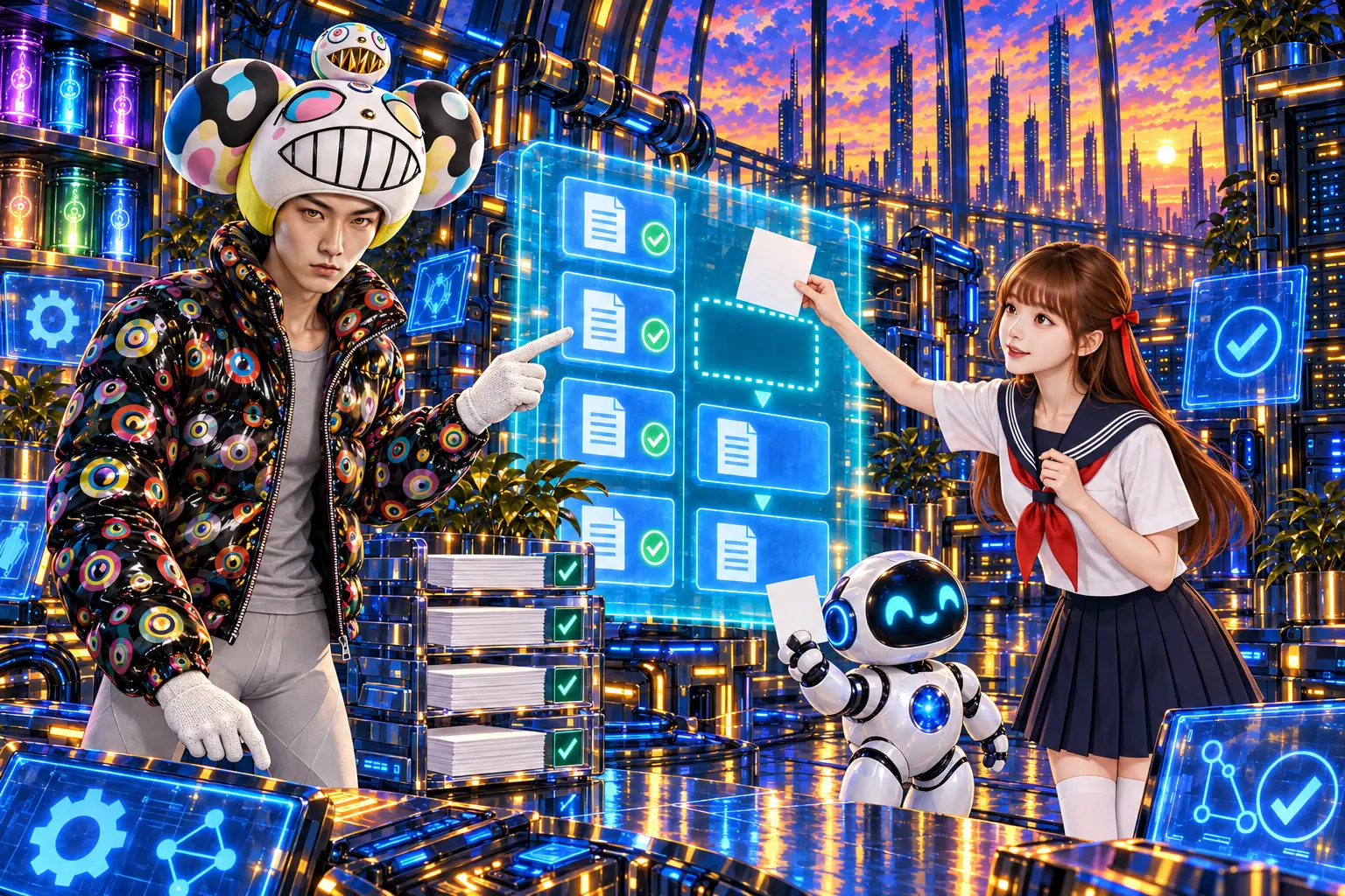 AI 生成插畫：一大片青色範本全息面板飄在後方，大部分區塊是實心的，只有一格用虛線挖空；胸口有藍色光球的小機器人剛把文件卡遞給史旺姬，她把卡片放進空格，戴白色笑臉大帽的老師指著實心區塊；旁邊疊著幾份打了綠勾的完成文件