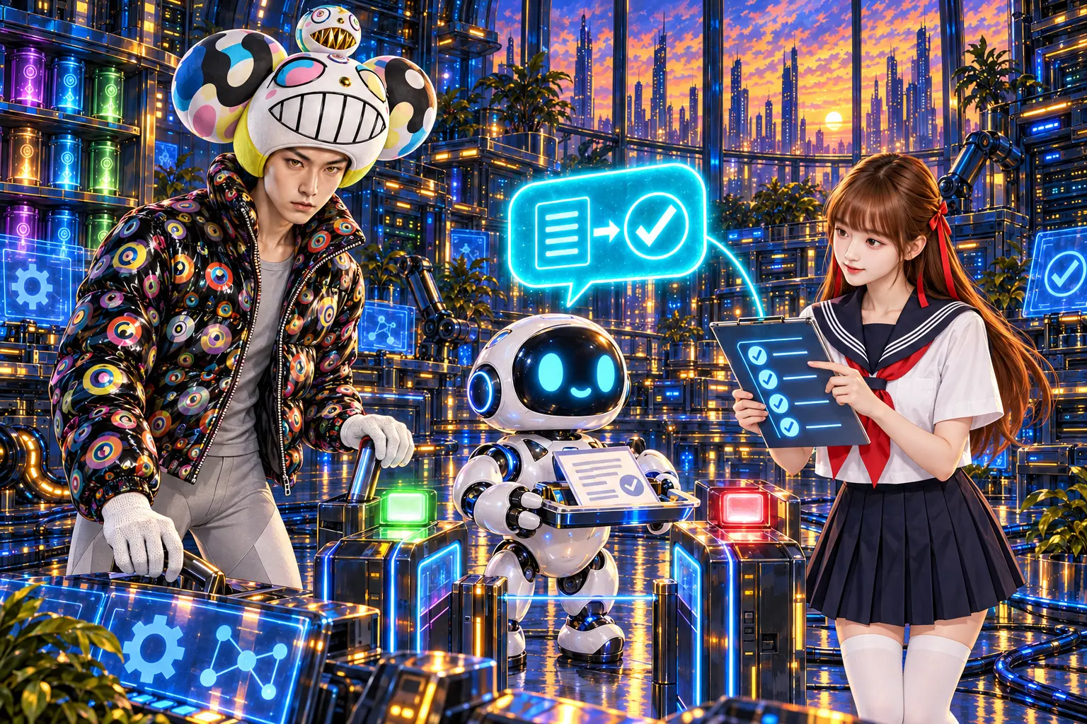 AI 生成插畫：科技大廳中央立著一座亮著紅綠燈的驗收閘門，胸口有藍色光球的小機器人捧著完成的文件走過來；史旺姬拿著打勾清單逐項核對，戴白色笑臉大帽的老師把手放在閘門拉桿上，等她點頭