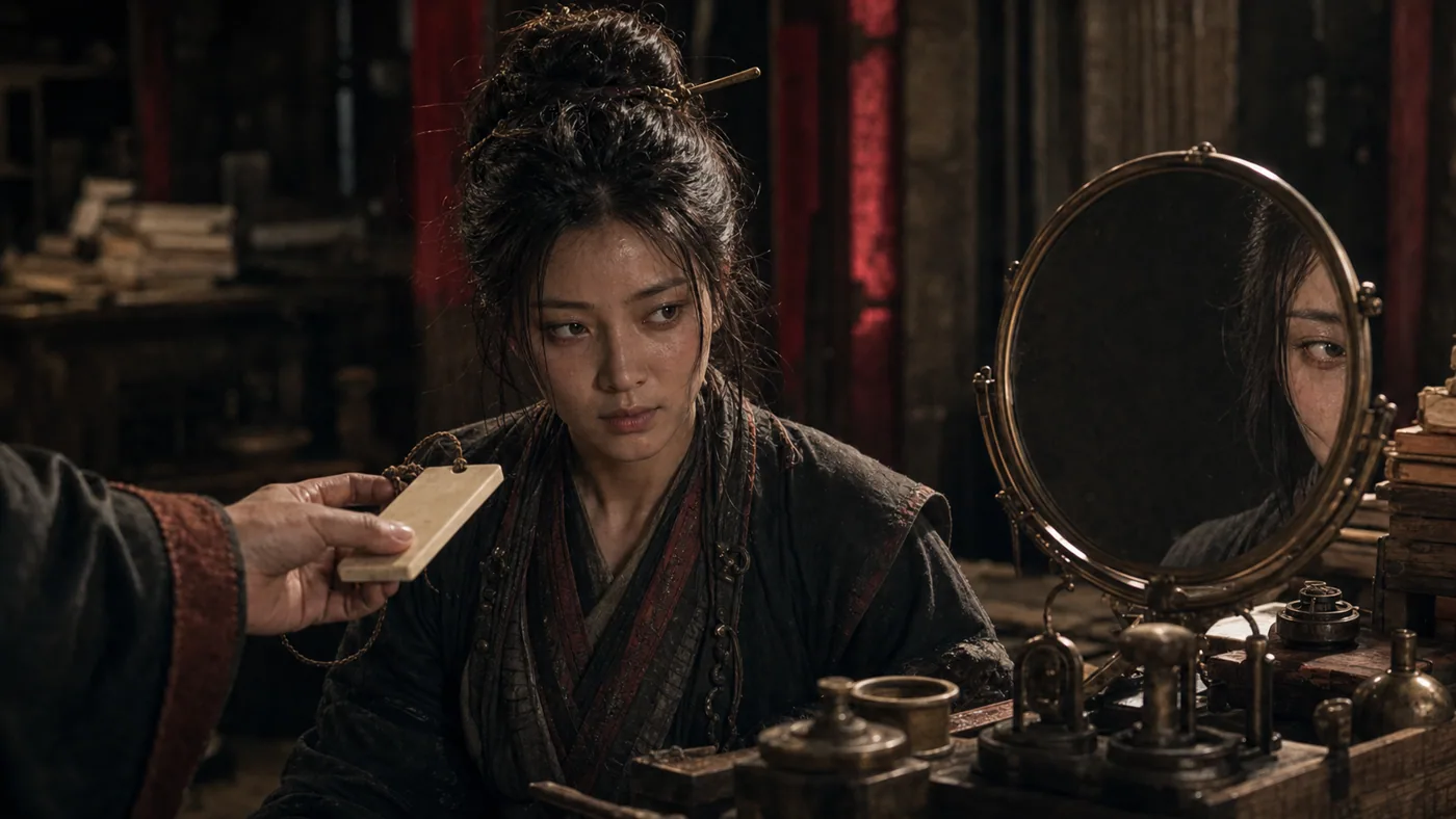 AI 真人電影概念分鏡：宋惠蓮在煙黑帳房看向被他人換過的空白名牌