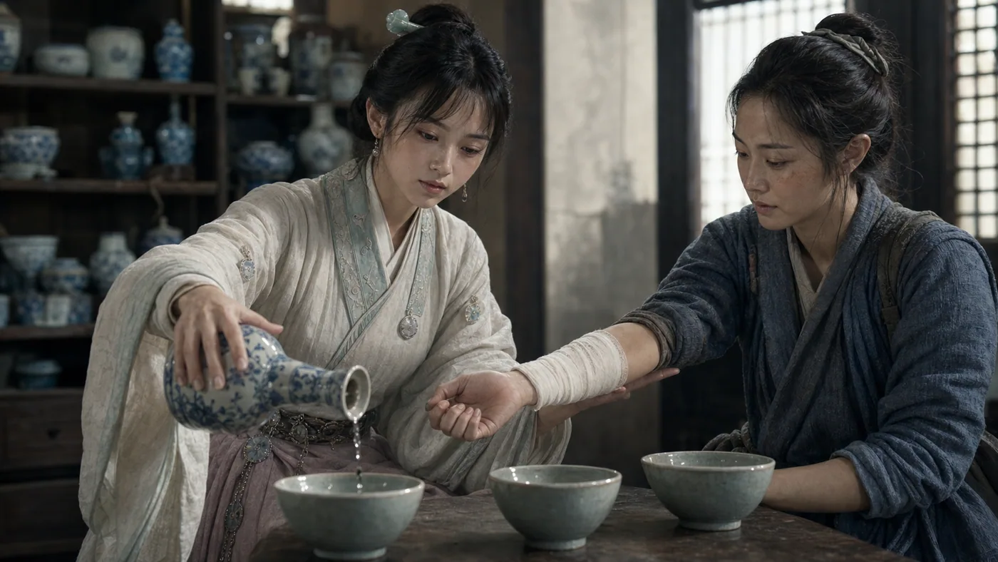 AI 真人電影概念分鏡：李瓶兒在青白瓷藥房替成年女工包紮