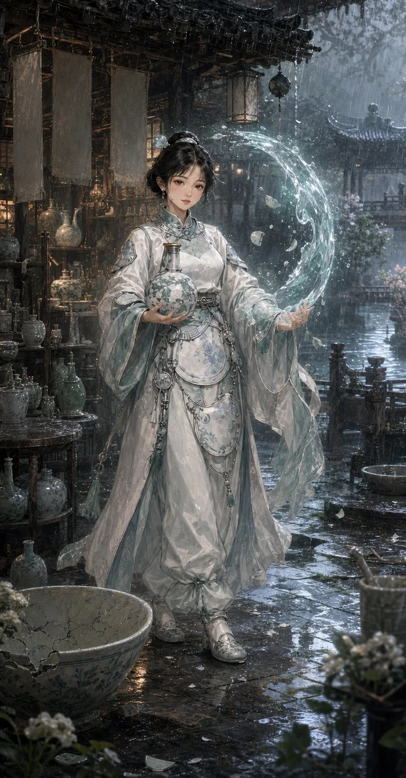 李瓶兒從頭到腳的完整角色形象，手持青白瓷瓶站在瓷水藥庭