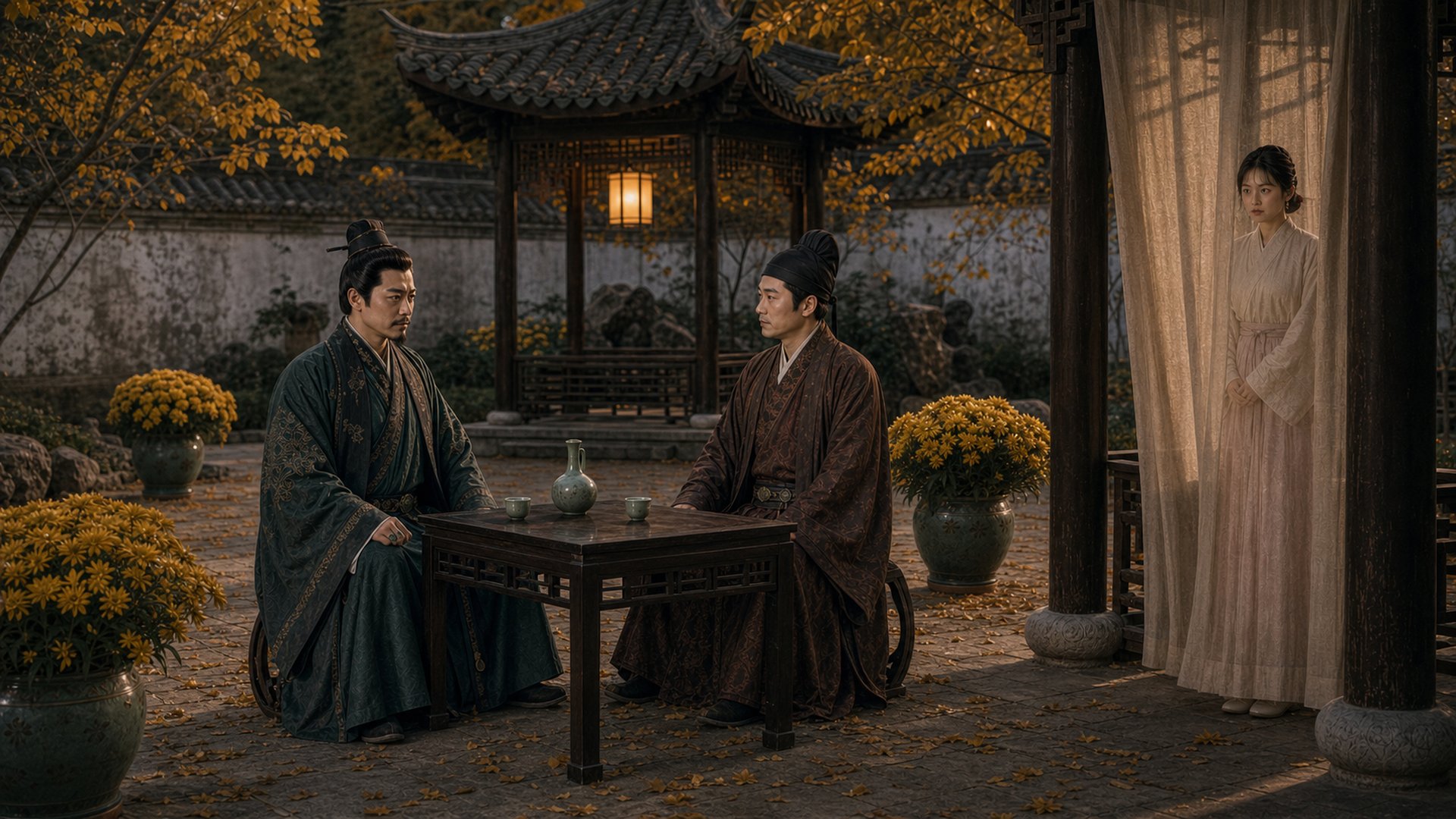 EP02 場景劇照：宴席花園，紗幔後人影浮現