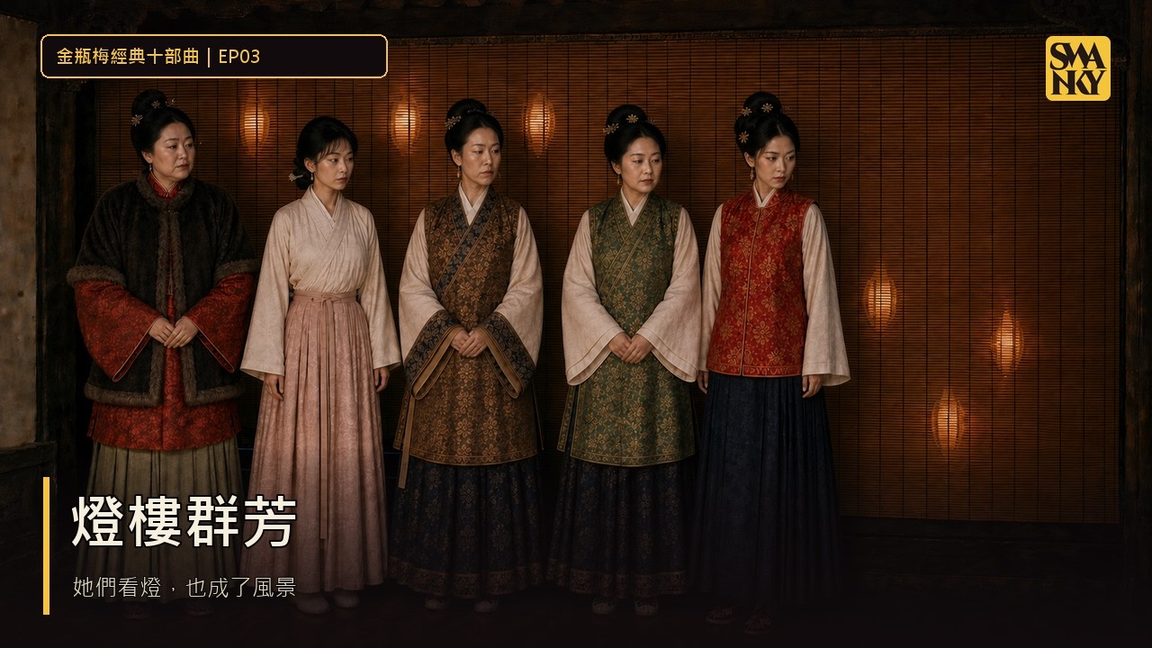 EP03〈燈樓群芳〉影片封面：五位女眷並立於燈影前（AI 生成）