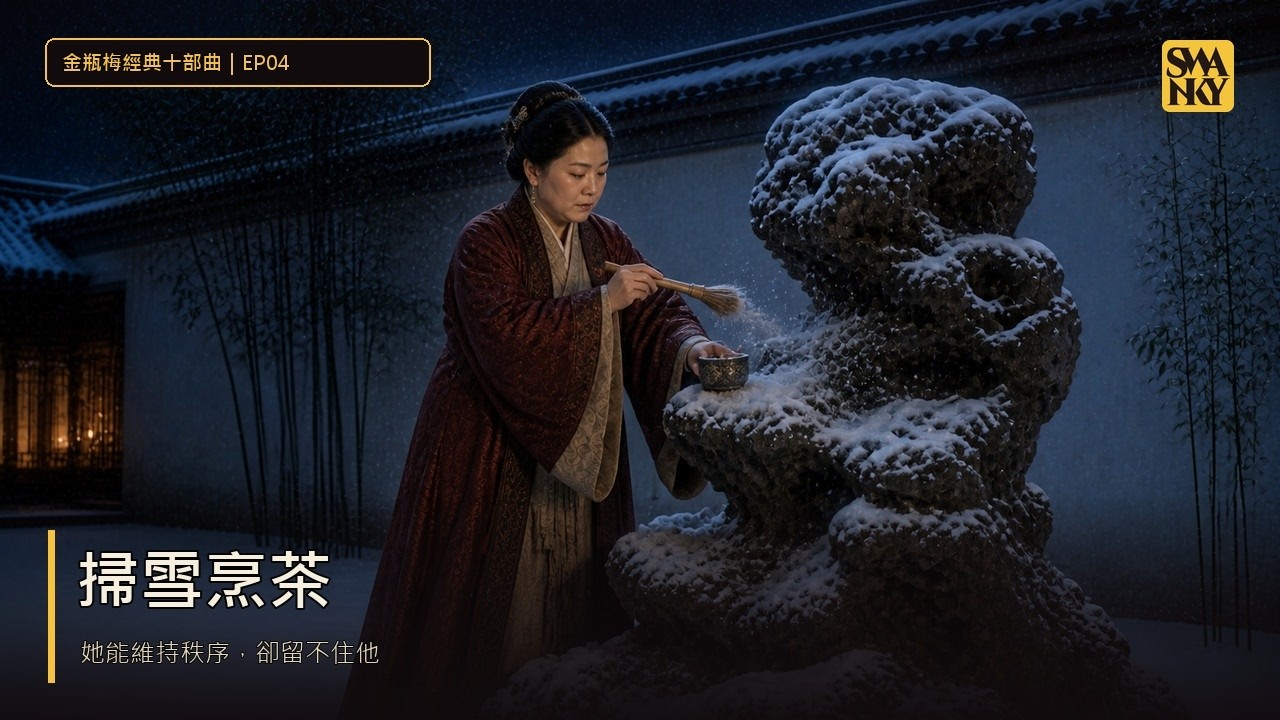EP04〈掃雪烹茶〉影片封面：吳月娘雪夜自石上掃雪烹茶（AI 生成）