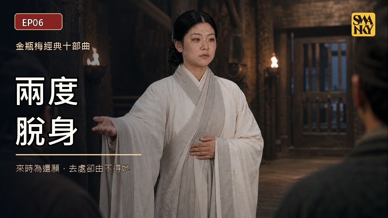 EP06〈兩度脫身〉影片封面：吳月娘身著素白寬袍立於暗夜古屋，燭火搖曳（AI 生成）