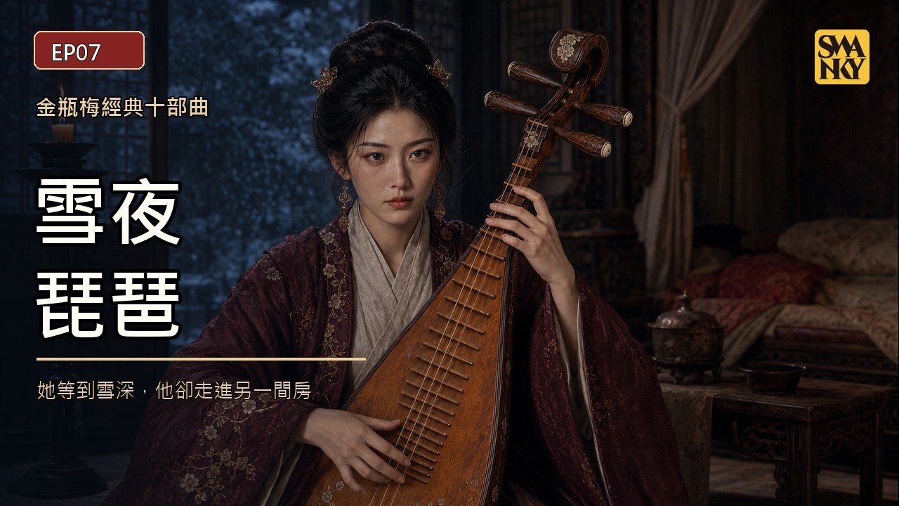 EP07〈雪夜琵琶〉影片封面：潘金蓮紅衣抱琵琶坐於雪夜暖房（AI 生成）