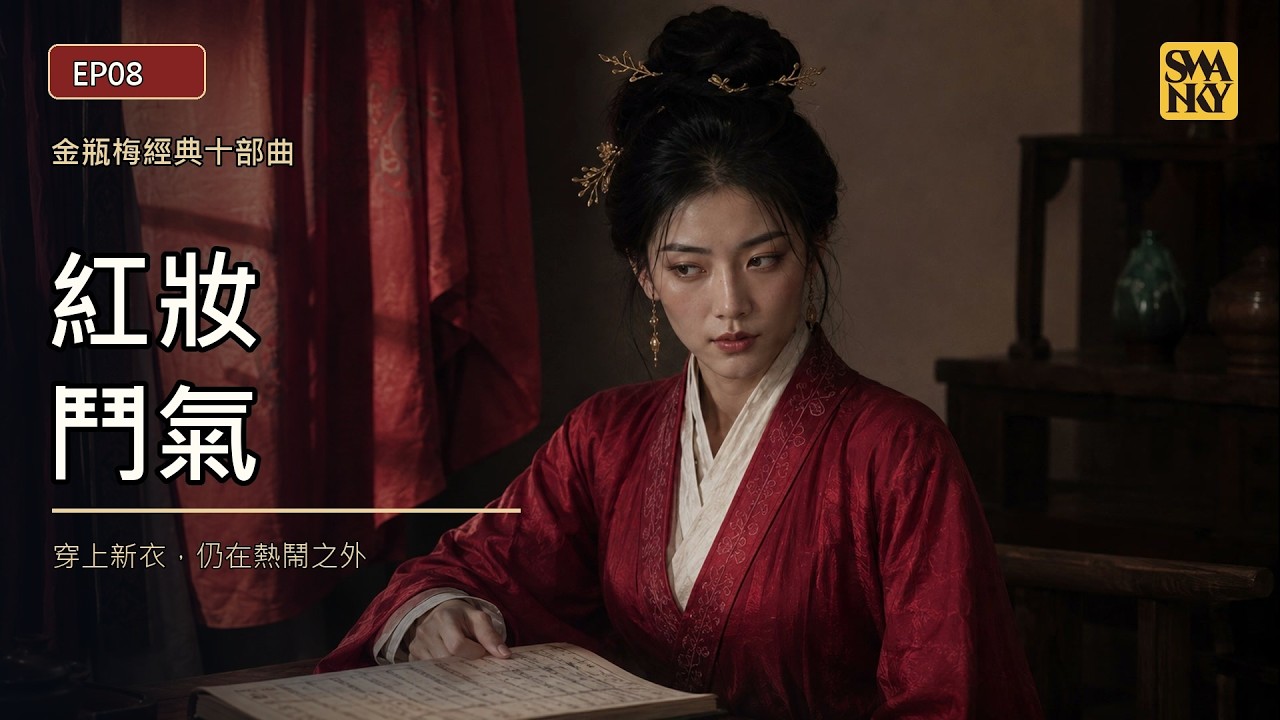 EP08〈紅妝鬥氣〉影片封面：潘金蓮一身紅白衣裳、髮髻插著金飾，低眉坐在暖房書案前（AI 生成）