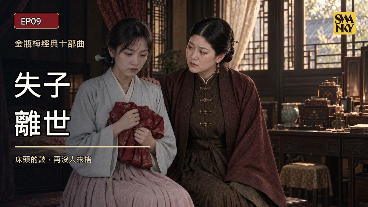 EP09〈失子與離世〉影片封面：李瓶兒淺灰衣裙、懷裡抱著孩子的紅色小衣低頭垂淚，身旁一位深褐外袍的年長婦人搭著她的肩（AI 生成）