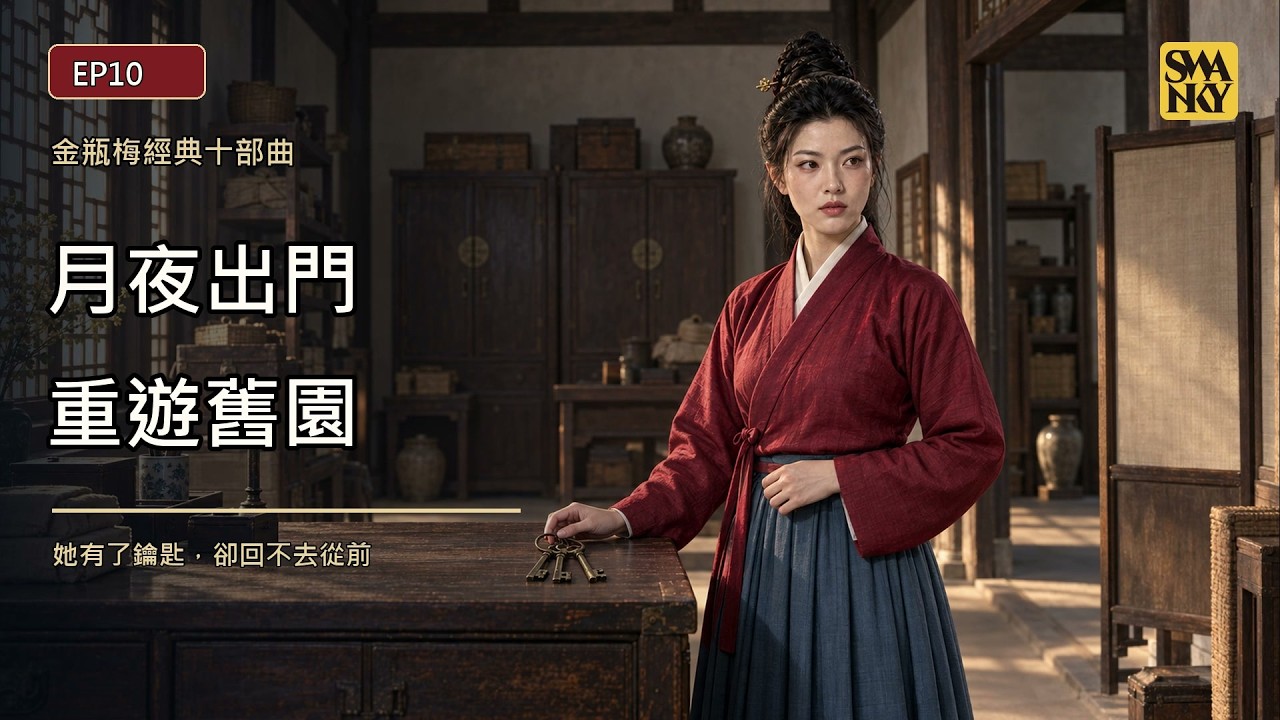 EP10〈月夜出門到重遊舊園〉影片封面：春梅身穿磚紅上衣、灰藍百褶裙，一手撐在擺著一串鑰匙的木櫃上，站在堆滿箱籠的屋內（AI 生成）