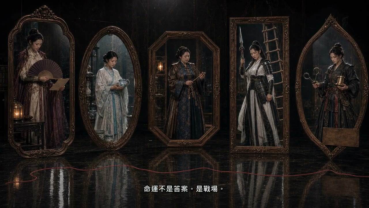 真人電影概念海報：五面鏡框各嵌一位女主角，紅線串連——命運不是答案，是戰場