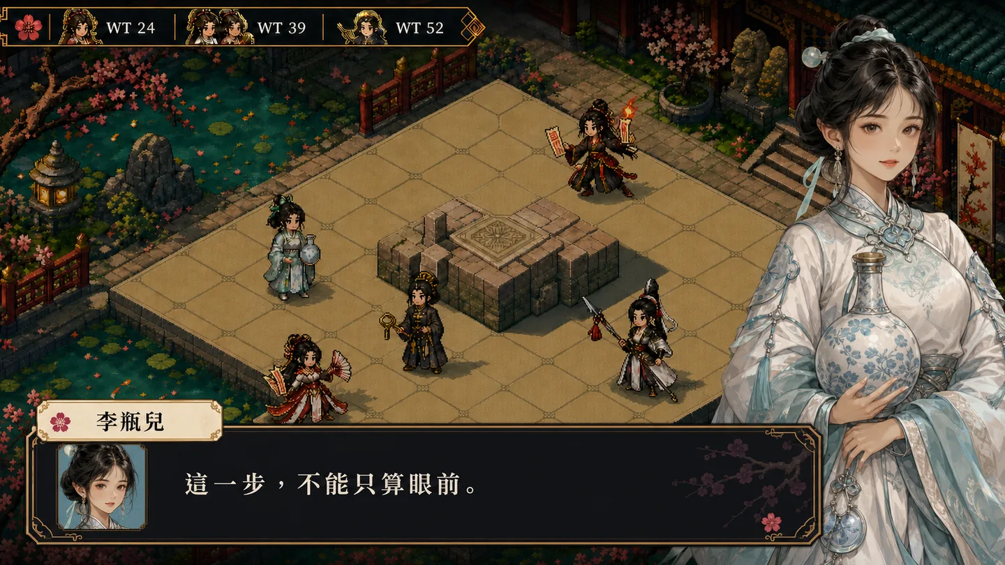 視覺概念圖：像素戰場搭配李瓶兒手繪立繪與對話框