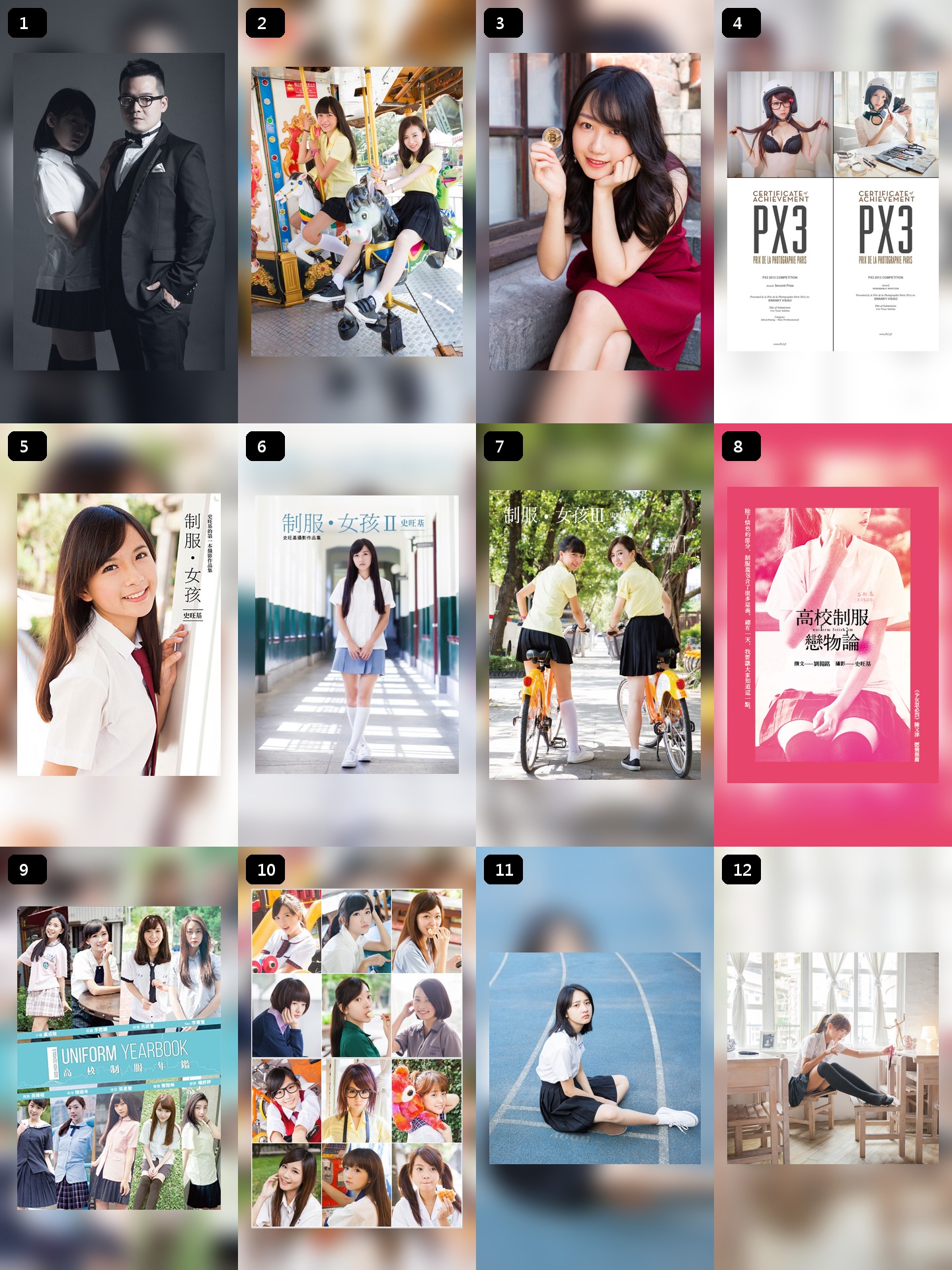短影片候選素材 contact sheet：史旺基形象照、制服女孩、比特幣女孩、PX3 證書、出版書封與攝影作品