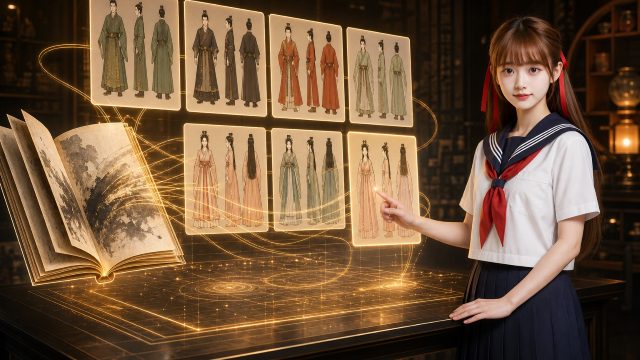 水手服少女從古書整理多位角色的正面、側面與背面設定圖