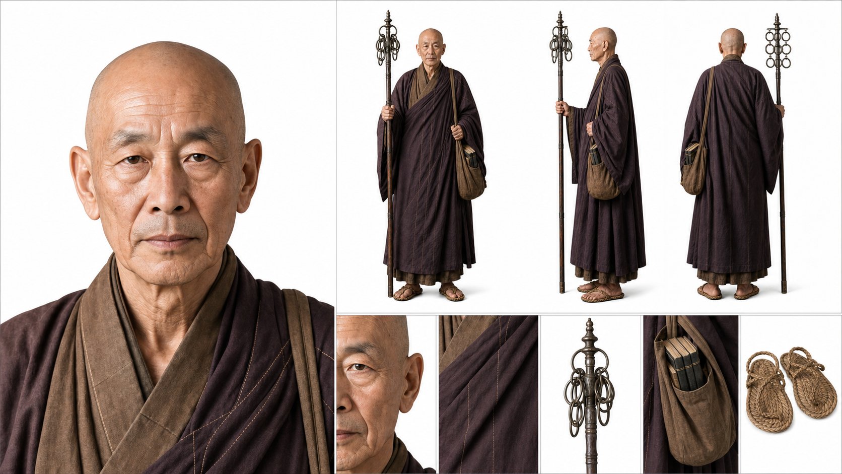頭剃光、身穿深紫色僧袍、手持錫杖的老僧定妝照(AI 生成,非真人照片)