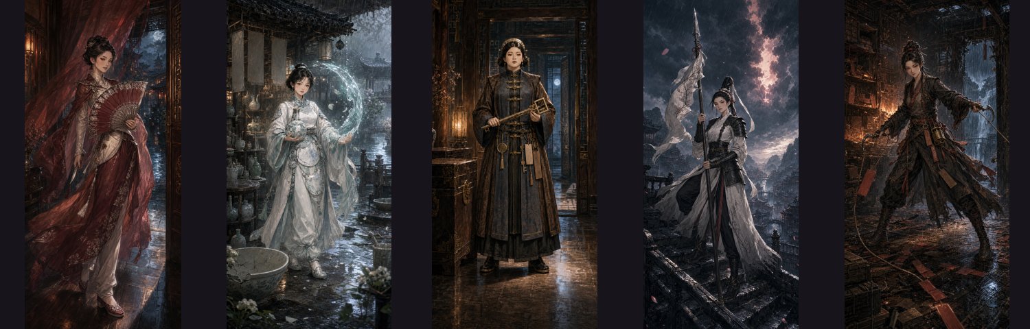 五位女主角立繪總覽（AI 生成）
