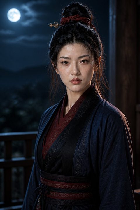 龐春梅在滿月夜色下佇立，身穿深藍勁裝，眼神堅毅帶傲氣（AI 生成，非真人照片）