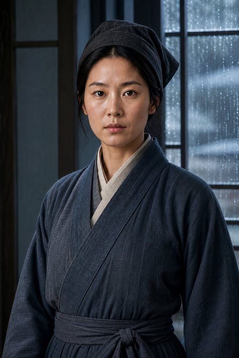 成年韓愛姐站在雨窗前,身穿樸素藍灰交領衣裙與布頭巾,神情堅定(AI 生成,非真人照片)