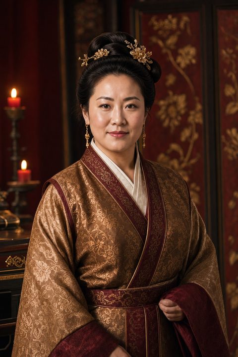 李嬌兒站在紅牆燭光前，身穿棕金與酒紅交領衣裙，神情圓熟自持（AI 生成，非真人照片）