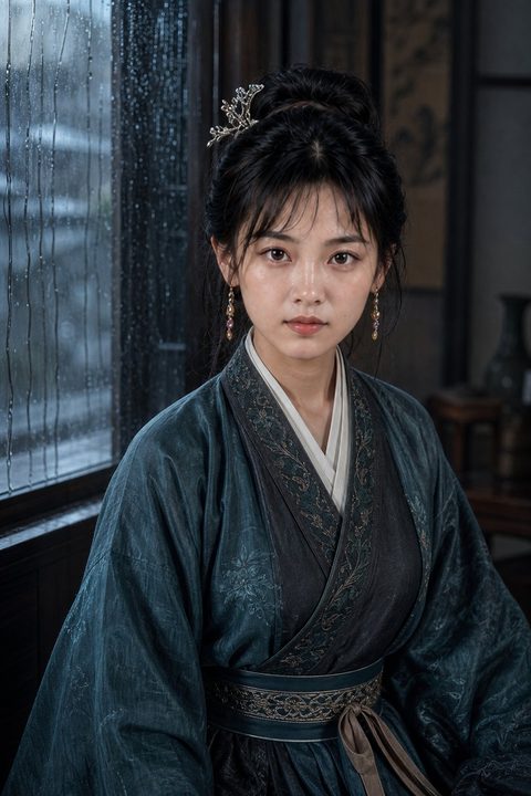 李瓶兒站在雨夜窗邊，身穿深色繡花外衣，神情略帶哀愁（AI 生成，非真人照片）