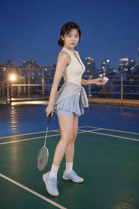 李瓶兒站在夜色天台羽球場，身穿米白上衣與淺藍運動裙，手持球拍與羽球（AI 生成，非真人照片）