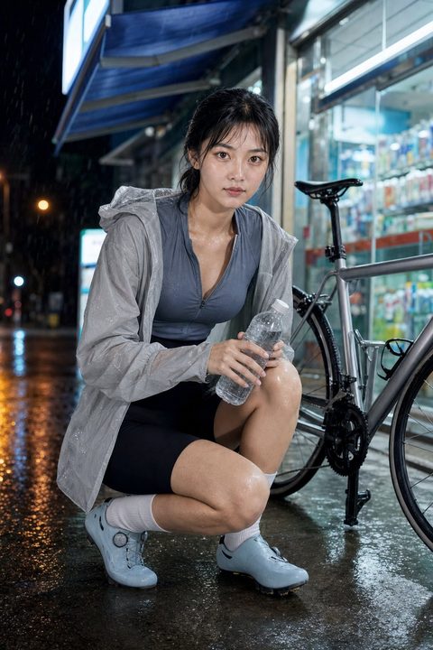 李瓶兒在雨夜便利商店外靠著單車休息，身穿灰藍運動服與透明雨衣（AI 生成，非真人照片）