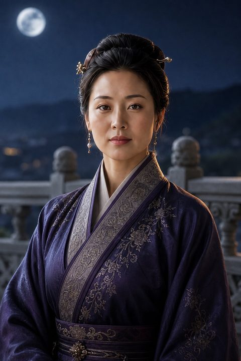 孟玉樓在月色庭台前站立,身穿深紫繡花交領衣裙,神情溫厚從容(AI 生成,非真人照片)
