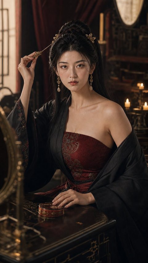 潘金蓮著紅色抹胸內衫，梳妝台前簪花回眸顧盼（AI 生成，非真人照片）