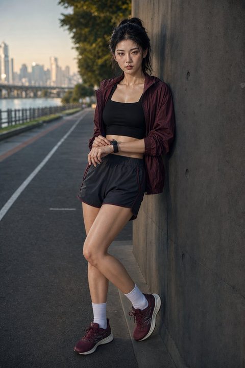 潘金蓮在首爾河畔跑道旁靠牆休息，身穿酒紅外套與黑色運動服（AI 生成，非真人照片）