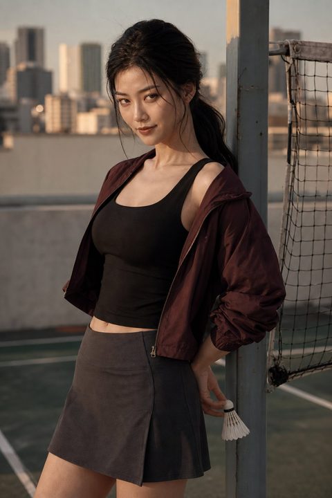 潘金蓮在黃昏天台羽球場調皮微笑，身穿酒紅外套與黑色運動裙，手拿羽球（AI 生成，非真人照片）