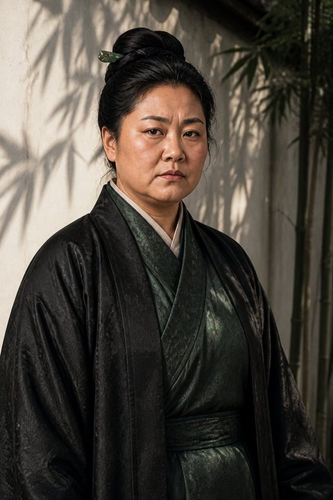 孫雪娥站在竹影牆前，身穿墨黑與深綠交領衣裙，眉頭微蹙（AI 生成，非真人照片）