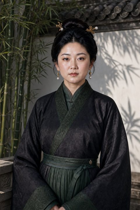 吳月娘在竹影庭院中端坐，身穿墨黑與深綠交領衣裙，神情持重（AI 生成，非真人照片）