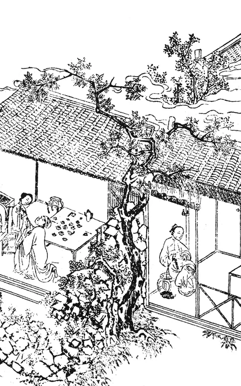 《金瓶梅》第四回木刻插圖，西門慶在宅院中與潘金蓮相會