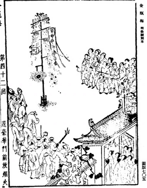 明代《金瓶梅》第四十二回木刻插圖，眾人在門前圍觀施放煙火