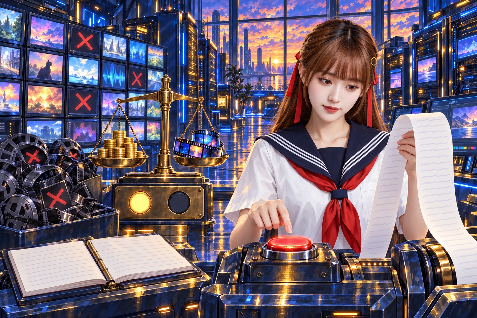 成年水手服創作者在影片生成機房裡，手指停在紅色確認鈕上方、一手拉著長長的收據低頭核對，旁邊有天平、帳本和打了紅叉的淘汰片段