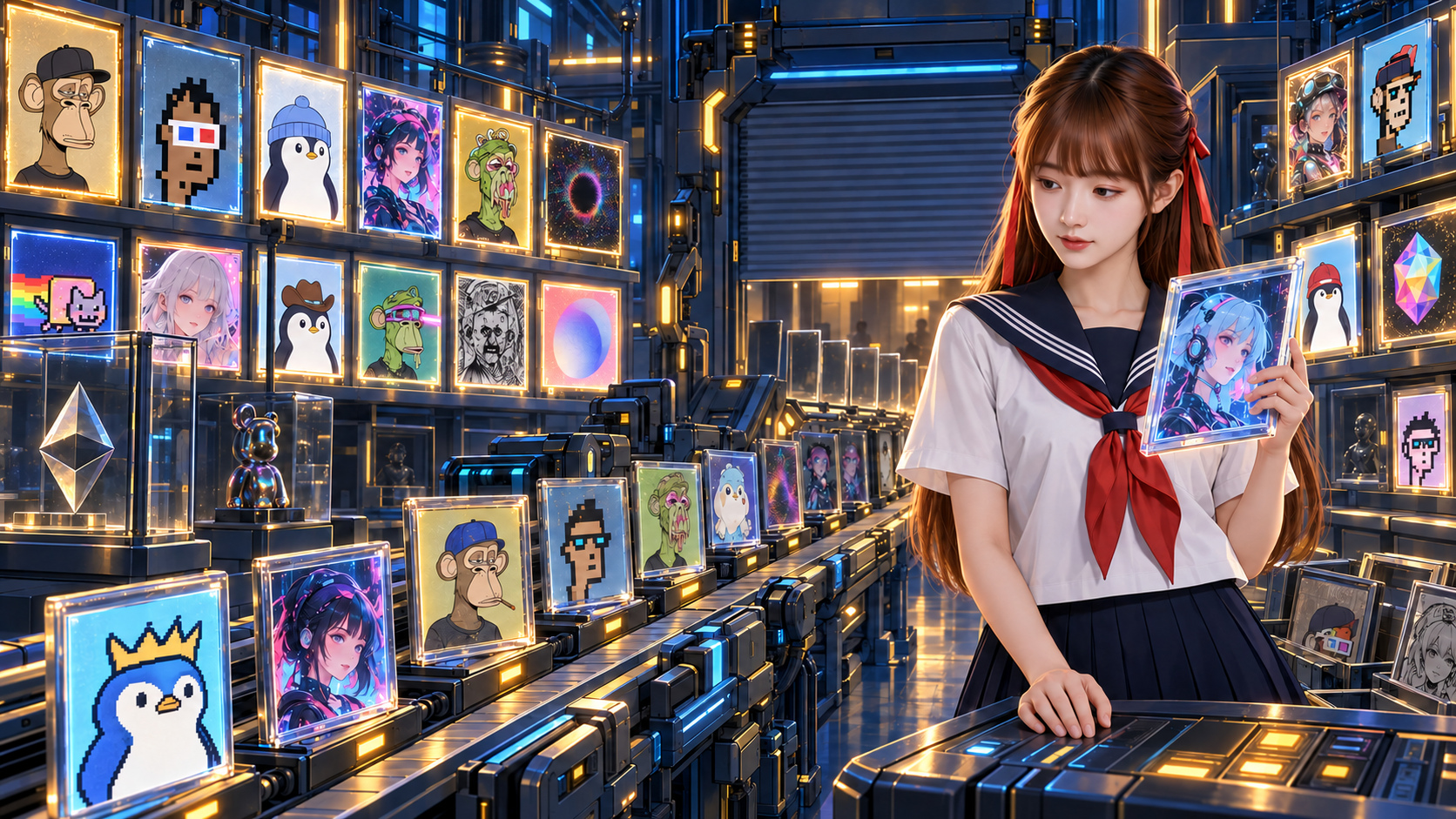AI 情境插畫：史旺姬拿著 NFT 頭像，身旁展示猿猴、企鵝與像素收藏，輸送帶通往逐漸關閉的交易入口