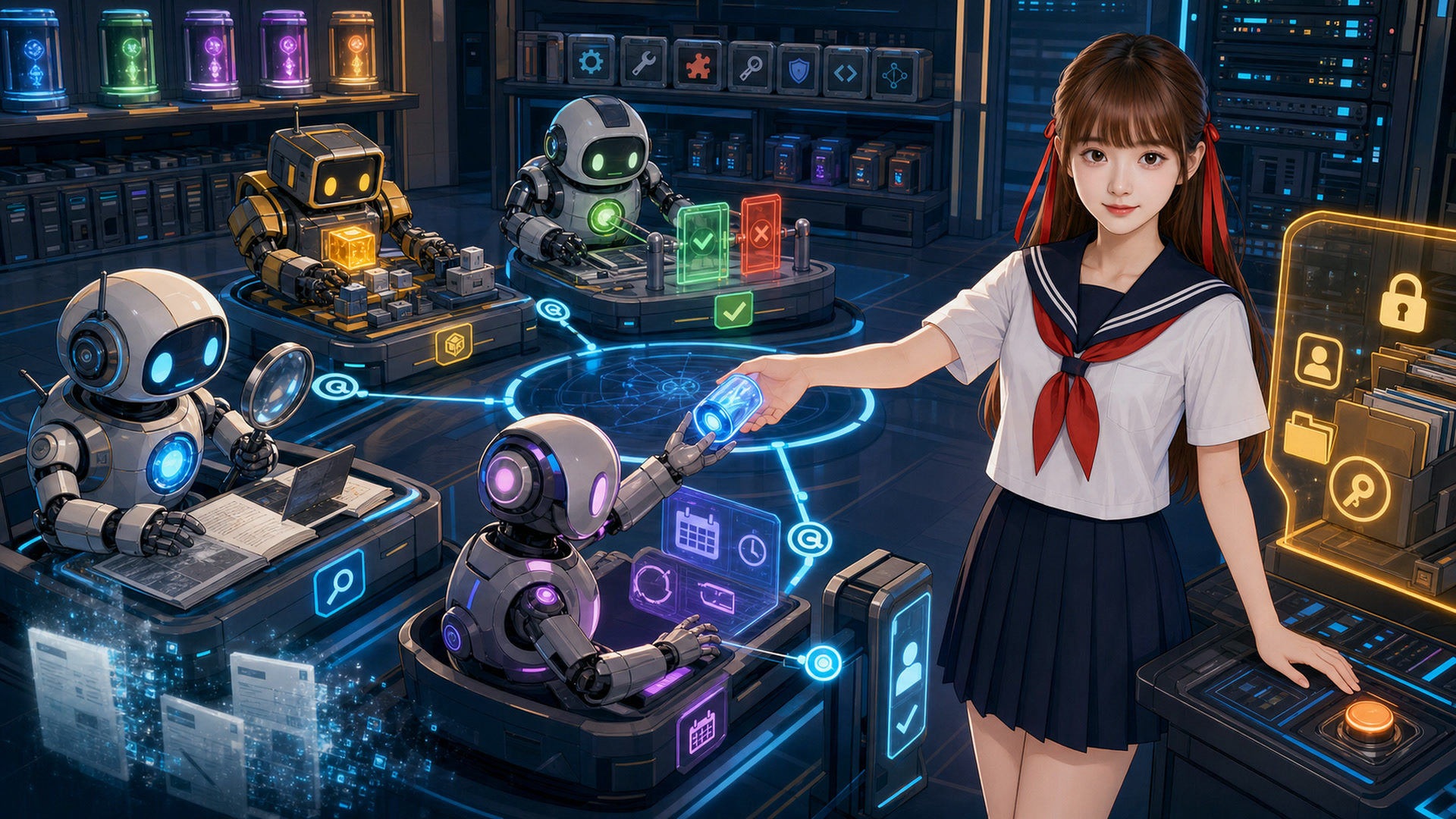 水手服 AI 系統工程師在自架控制室裡協調研究、開發、驗證與排程四個具名 Bot，並以安全邊界與人類核准 Gate 控制外部動作