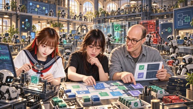 制服品牌主角與 Lauren Tan、Matt Pocock 在概念軟體工廠中檢查成果，周圍大量 Grok 機器人分工開發、驗證與攔截錯誤