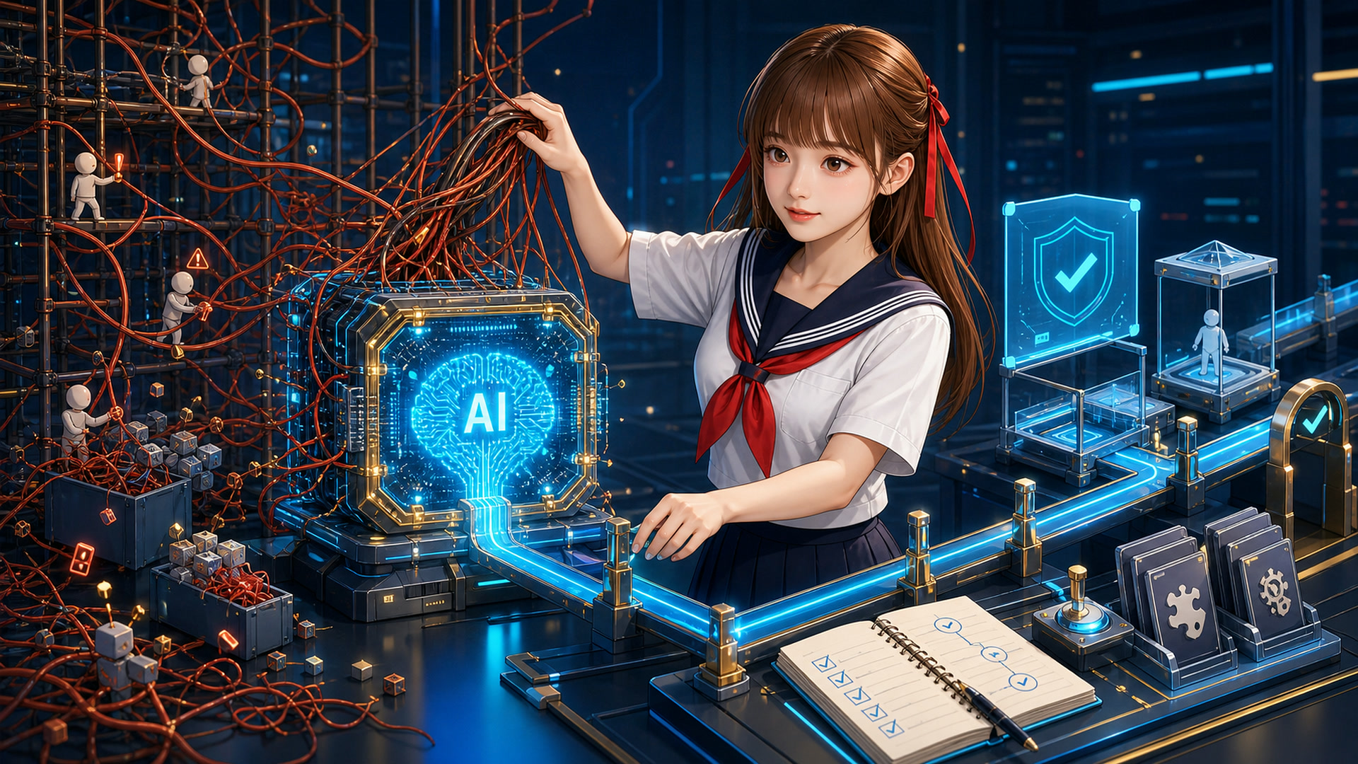 水手服少女從 AI 核心拆除糾纏的臨時線路，同時保留測試盾牌、核准閘門、證據筆記與乾淨執行軌道