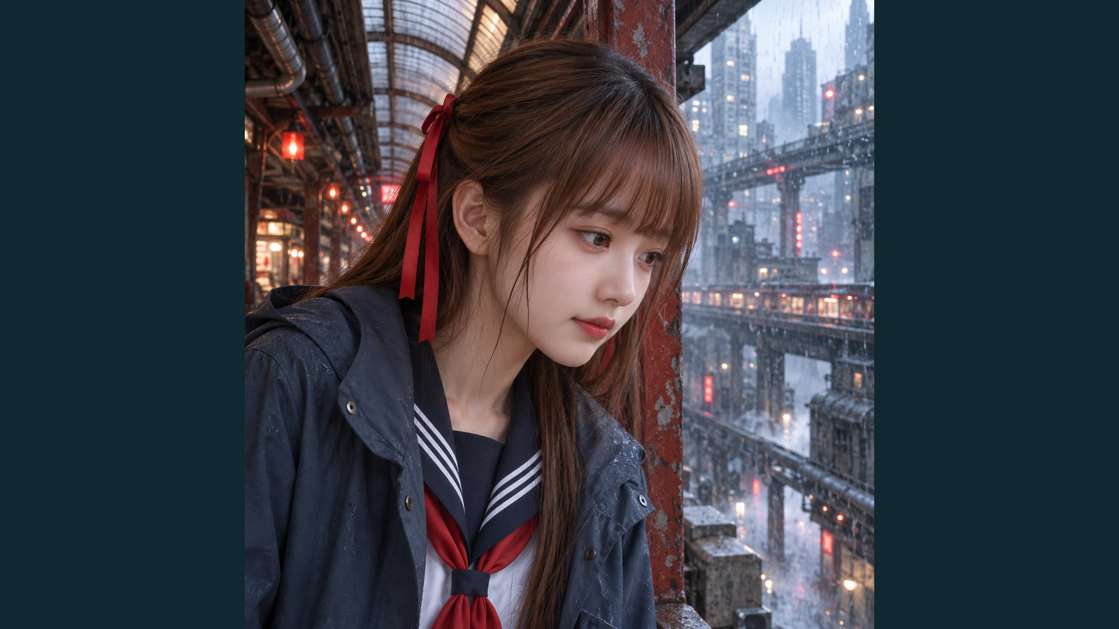 史旺姬《藍色停留的那一小時》，雨停在半空：隔著一層雨。（AI 生成，非真人照片）