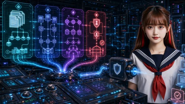 水手服少女在機房操作四組流程面板,檢查 AI 系統的規則、證據、進度與權限