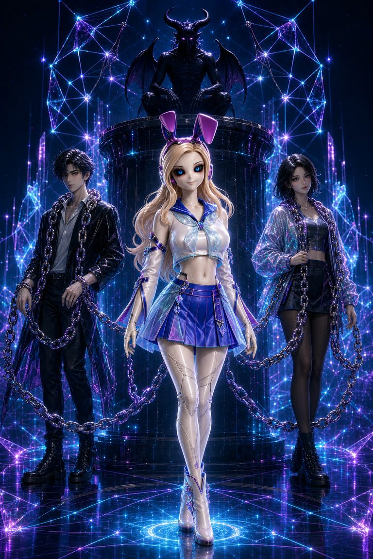 CloneX 版惡魔牌：鎖鏈纏身的虛擬分身站在暗黑神像前。