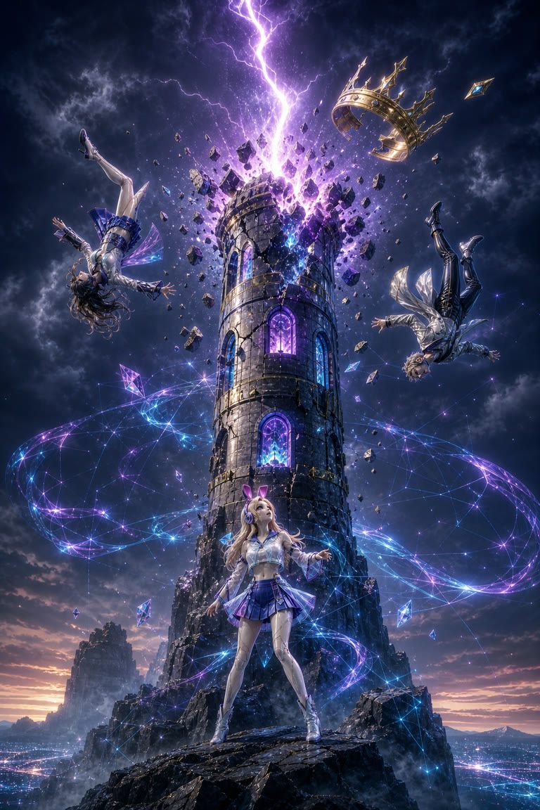 CloneX 版高塔牌：數位水晶高塔應聲崩裂。