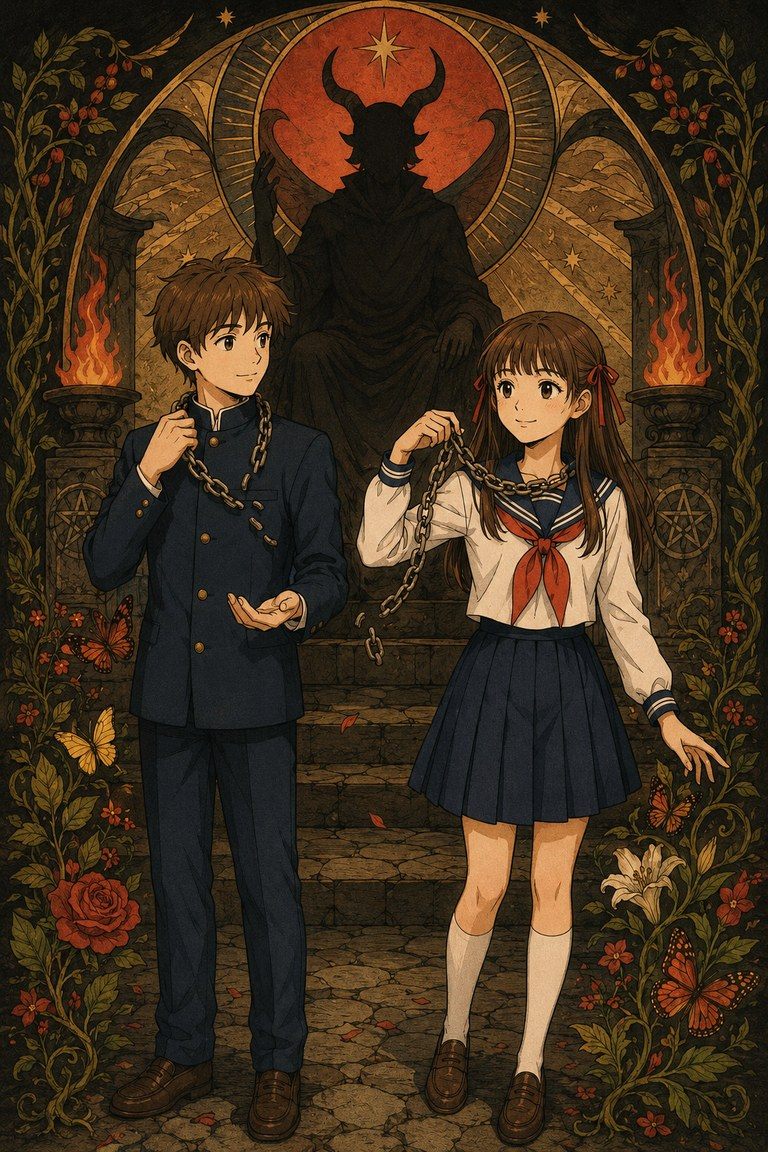 制服版惡魔牌：兩人被鎖鏈纏繞。