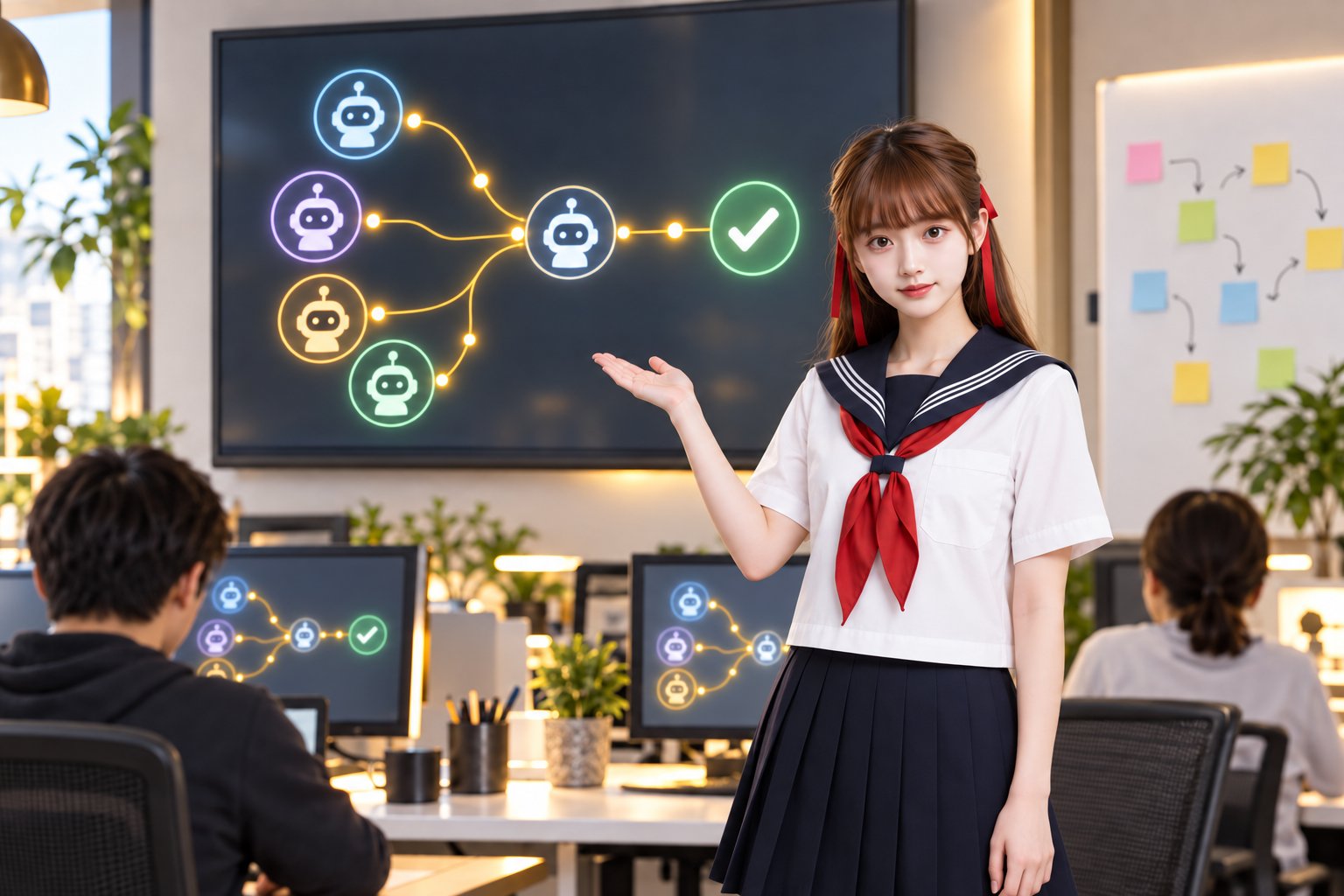 水手服少女在明亮辦公室向團隊介紹牆面螢幕上的 AI 代理協作流程與驗證通過標記，AI 生成情境示意圖
